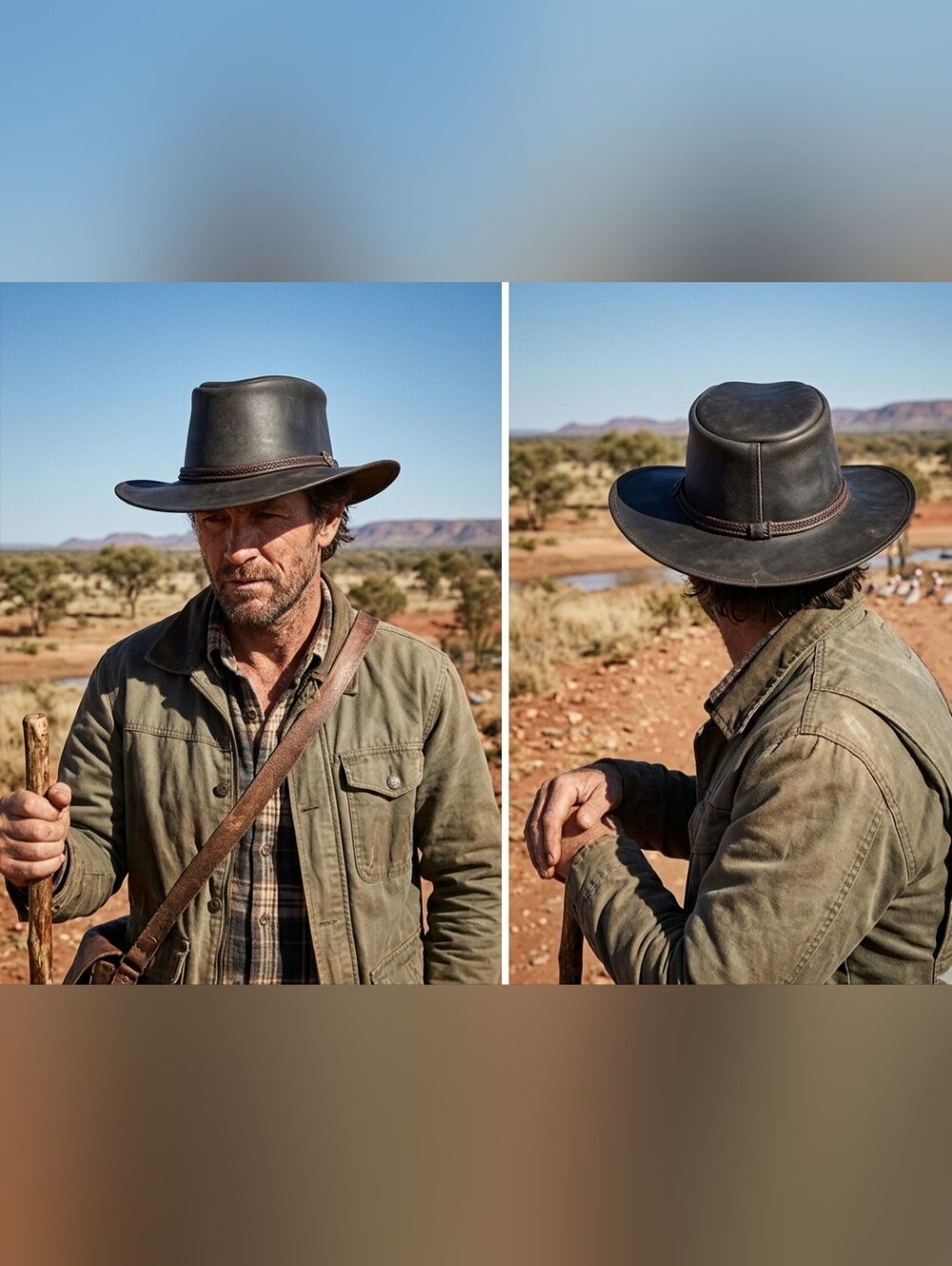 Men's Dark Brown Leather Outback Hat - Classic Wide Brim